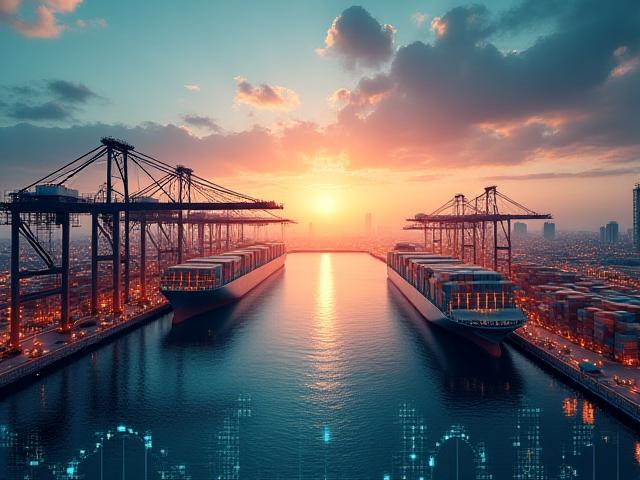 Vue stylisée d'un port de commerce mondial avec des chiffres et des graphiques superposés, symbolisant l'optimisation logistique de Vialis.