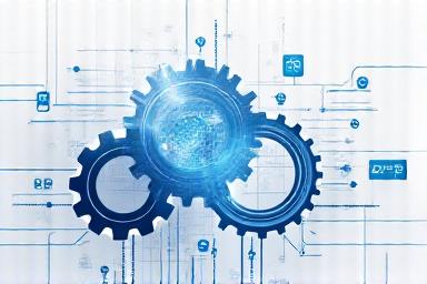 Des engrenages numériques et des flèches représentant des flux de travail automatisés, symbolisant l'efficacité de l'automatisation intelligente.
